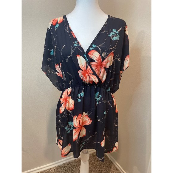 torrid Tops - Torrid Navy Floral Tie Back Sheer Babydoll Blouse